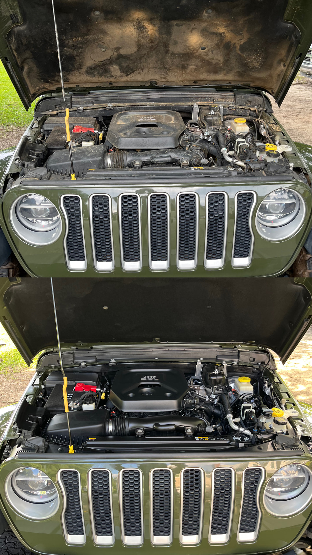 Jeep Wrangler engine bay before and after professional detailing